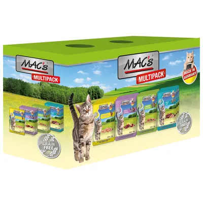 Опаковка MAC's Multipack за котки, различни вкусове. Надписи: MADE IN GERMANY, GRAIN FREE. Изображения на паучове и котка отпред.
