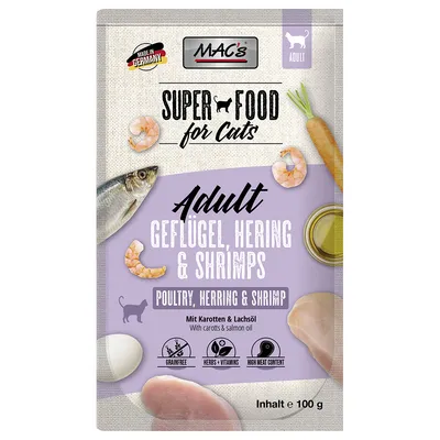 MAC's Super Food for Cats Adult. Poultry, herring & shrimps with carrots and salmon oil. Grain-free, herbs & vitamins, high meat content. Made in Germany. Content: 100 g.