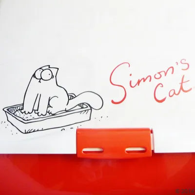 Disegno di un gatto nella lettiera e testo visibile: Simon's Cat.