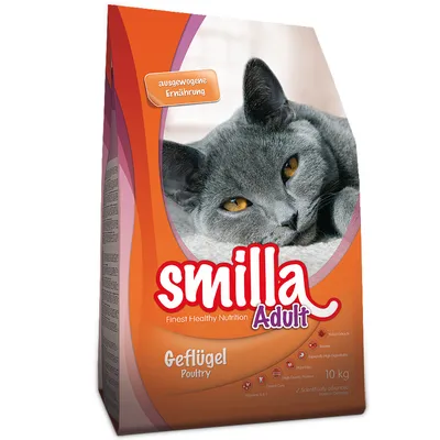 Smilla Adult Geflügel -kuivaruoka aikuisille kissoille, 10 kg. Pakkauksessa harmaa kissa ja teksti: ausgwogene Ernährung, Finest Healthy Nutrition, Poultry.