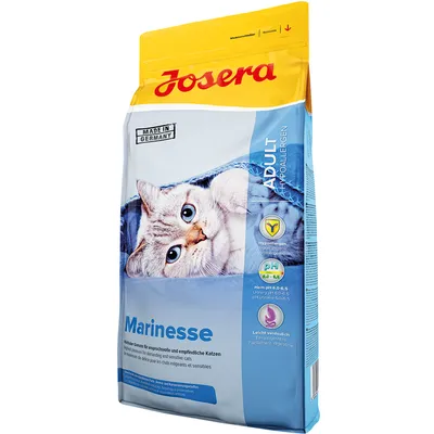 Josera Marinesse Adult Hypoallergenic suha hrana za mačke, istaknuti tekst: Made in Germany, hypoallergen, pH 6,0–6,5, lako probavljivo. Slika mačke na pakiranju.