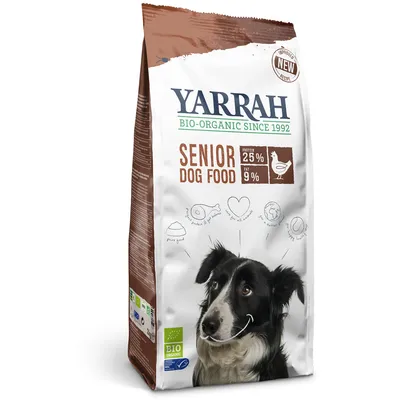 Yarrah Bio-Organic Senior Dog Food, proteine 25 %, grassi 9 %, confezione da 2 kg, certificato bio UE, immagine di un cane sul fronte della confezione.