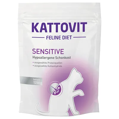 Опаковка Kattovit Feline Diet Sensitive, 1250 г. Видим текст: Hypoallergene Schonkost, ausgewählte Proteinquellen, ausgewählte Kohlenhydrate.