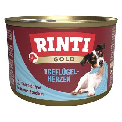 Blik Rinti Gold hondenvoer, met zichtbare tekst: 'mit Geflügelherzen', 'Getreidefrei', 'In feinen Stücken'. Afbeelding van een hond op het etiket.