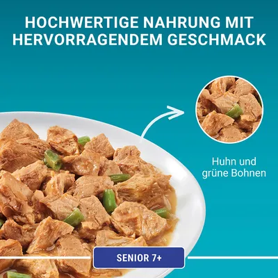 Texte en allemand : Hochwertige Nahrung mit hervorragendem Geschmack. Huhn und grüne Bohnen. Senior 7+. Morceaux de poulet et haricots verts dans une assiette.