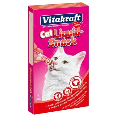 Vitakraft Cat Liquid-Snack, förpackning med vit katt som slickar på en stick. Text: Inulin promotes healthy intestinal flora, 6 pieces, beef, low calorie, utan konstgjorda färgämnen.