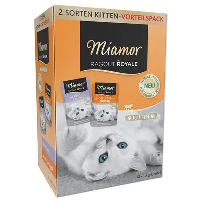 Miamor Ragout Royale Kitten voordeelpack, 2 soorten: rund en gevogelte, 12×100g. Op de verpakking staat een witte kitten en de tekst 'NEU' en 'fijnere stukjes met taurine'.