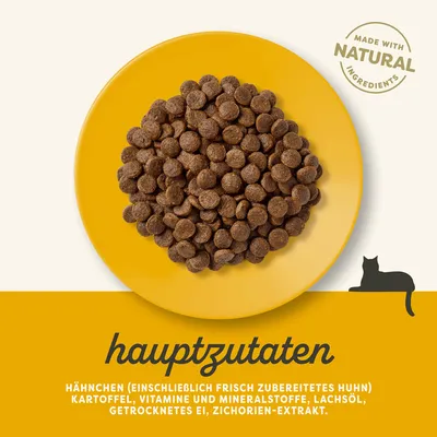 Hauptzutaten: Hähnchen (einschliesslich frisch zubereitetes Huhn), Kartoffel, Vitamine und Mineralstoffe, Lachsöl, getrocknetes Ei, Zichorien-Extrakt. Made with natural ingredients.