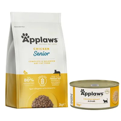 Pienso seco Applaws Chicken Senior 2 kg y lata Applaws Chicken Breast in broth 156 g para gatos. Texto visible: 80 % proteína animal, receta sin cereales, ingredientes naturales.