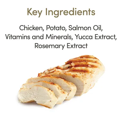 Belangrijkste ingrediënten: kip, aardappel, zalmolie, vitaminen en mineralen, yucca-extract, rozemarijnextract. Tekst in het Engels zichtbaar op de afbeelding.