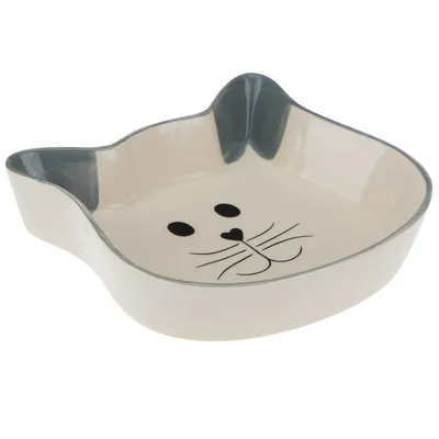 Bol ceramic în formă de pisică cu urechi gri și față de pisică imprimată, potrivit pentru hrană sau apă.