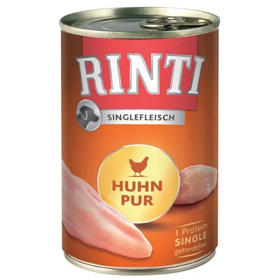 RINTI Singlefleisch Huhn Pur, gabonamentes, 1 fehérje. A képen: konzerv csirkehússal és sárga címkével.
