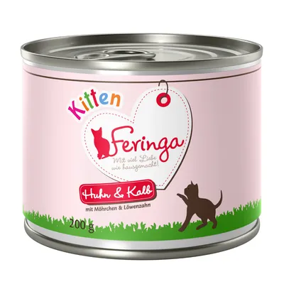Konzerva Feringa Kitten, Huhn & Kalb, mit Möhrchen & Löwenzahn, 200 g. Text: Mit viel Liebe wie hausgemacht!