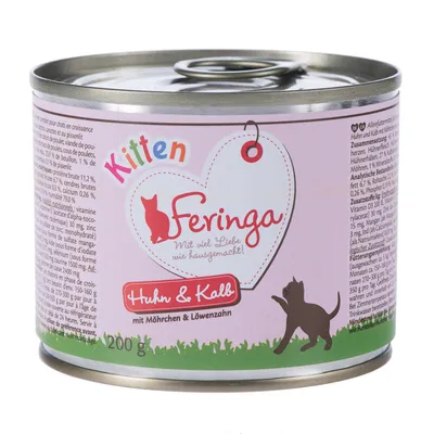 Konzerva Feringa Kitten Huhn & Kalb, mit Möhrchen & Löwenzahn, 200 g. Viditelný text na obalu včetně značky a příchutě.