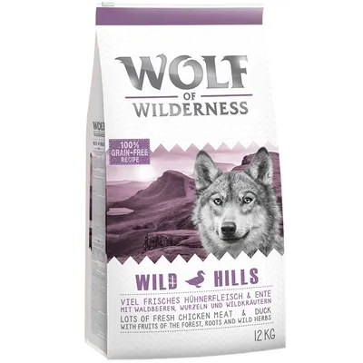 Wolf of Wilderness Wild Hills, 100 % spannmålsfritt recept, mycket färskt kycklingkött och anka med skogsbär, rötter och vilda örter, 12 kg.