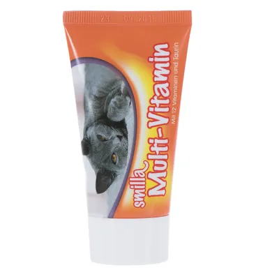 Smilla Multi-Vitamin Paste with 12 vitamins and taurine, tube with image of a grey cat.