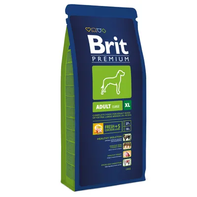 Brit Premium Adult Large XL hundefoder, 15 kg pose. Tekst: FRESH+5 CHICKEN HERBS, 27 % protein, 16 % fedt. Til store racer (45–90 kg). Synlige ikoner for skelet, hud, hjerte og fordøjelse.