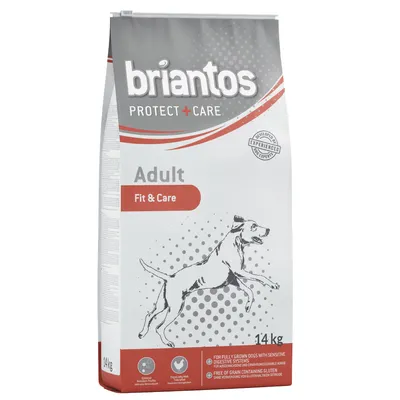 briantos Protect + Care Adult Fit & Care dry dog food, 14 kg bag. Text: For fully grown dogs with sensitive digestive systems. Free of grain containing gluten.
