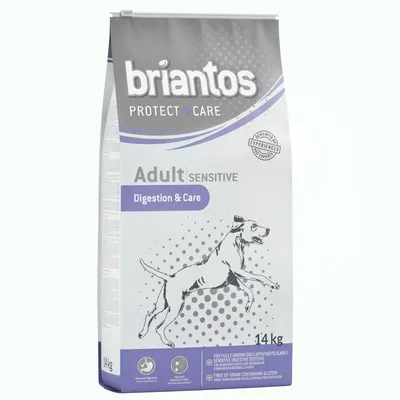 Briantos Protect + Care Adult Sensitive Digestion & Care dry dog food, 14 kg bag. Visible text: developed by experienced experts, free of grain containing gluten, for fully grown dogs.