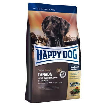 Opakowanie Happy Dog Supreme Sensible Canada, łosoś, królik, jagnięcina i ziemniaki, 11 kg. Bez zbóż. Natural Life Concept. Made in Germany. Dla wrażliwych i aktywnych psów.
