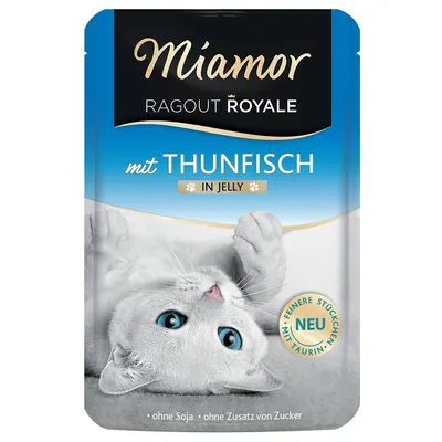 Miamor Ragout Royale con tonno in gelatina. Senza soia, senza zuccheri aggiunti, pezzetti fini con taurina. Nuovo.