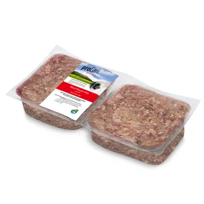 proCani Rind Pansen Mix, gefroren, 2 x 500g Packung. Geeignet für BARF-Ernährung. Zutaten und Nährwertangaben auf der Verpackung sichtbar.
