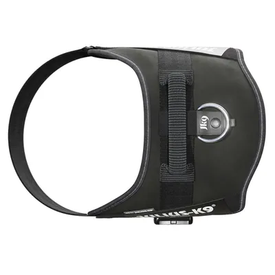 Black Julius-K9 dog harness with sturdy handle and metal ring for attachment. Side lettering 'Julius-K9'.