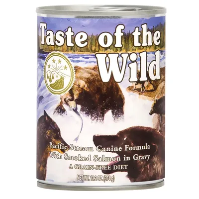 Taste of the Wild Pacific Stream Canine Formula With Smoked Salmon in Gravy, A Grain-Free Diet, 374 g. Testo in inglese sull'etichetta della lattina.