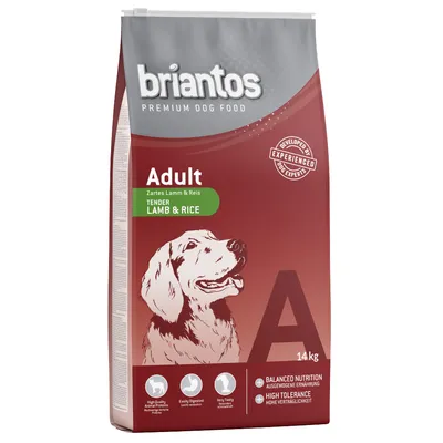briantos PREMIUM DOG FOOD Adult Zartes Lamm & Reis TENDER LAMB & RICE, 14 kg. BALANCED NUTRITION, HIGH TOLERANCE. High Quality, Easily Digested, Very Tasty.
