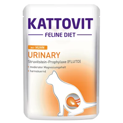 KATTOVIT Feline Diet Urinary mit Huhn, Struvitstein-Prophylaxe (FLUTD), moderater Magnesiumgehalt, harnsäuernd. Opak opakowanie z sylwetką kota i pomarańczowym tłem.