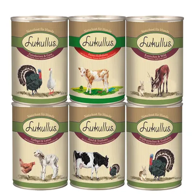 Lukullus koiran märkäruokapurkit, 400 g. Näkyvissä eri makuja: kalkkuna & hanhi, vasikka, kani & riista, siipikarja & lammas, nauta & kalkkuna, villikani & kalkkuna.