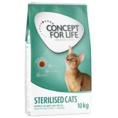 Sacco da 10 kg di Concept for Life Sterilised Cats, immagine di un gatto e testo visibile: 'Sterilised cats aged 1 year and over', crocchetta illustrata sulla confezione.