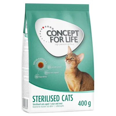 Concept for Life Sterilised Cats, alimento para gatos de alta calidad, 400 g. Para gatos esterilizados a partir de 1 año. Special Formula X: control de peso, apoyo urinario, alta digestibilidad.
