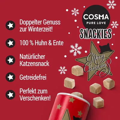 Cosma Snackies. Doppelter Genuss zur Winterzeit, 100% Huhn & Ente, natürlicher Katzensnack, getreidefrei, perfekt zum Verschenken. Merry Christmas Design mit Stern und Schneeflocken.
