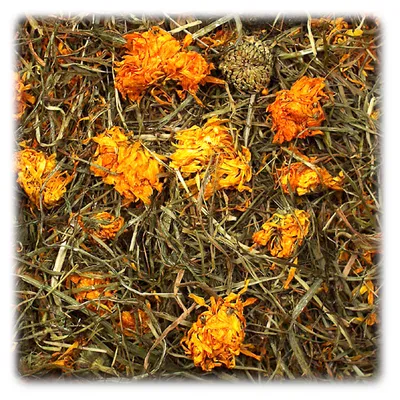 Getrocknete Kräuter und Blüten, darunter orangefarbene Ringelblumen und grüne Gräser. Geeignet als Ergänzungsfutter für Kleintiere.