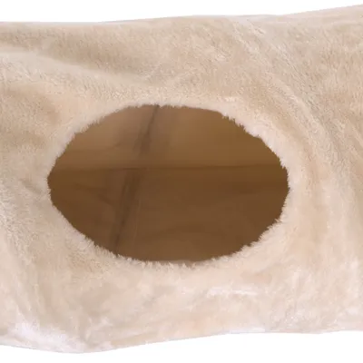 Beige pluche tunnel met ovaal instapgat, zachte stof zichtbaar aan buitenkant en binnenzijde. Materiaal: pluche en textiel.