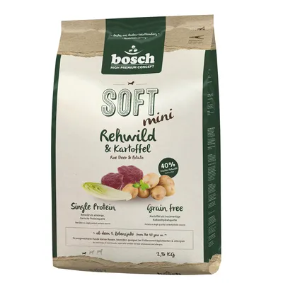 Bosch Soft Mini rådjur & potatis, single protein, spannmålsfri, 40 % färskt rådjurkött, lämplig från 1 års ålder, 2,5 kg förpackning.