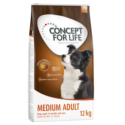 Concept for Life Medium Adult koiranruoka, 12 kg, koirille 12 kuukaudesta ja painoltaan 11–25 kg. Special Formula: ihannepainon ylläpito, maksimaalinen sulavuus, vahvistaa vastustuskykyä.