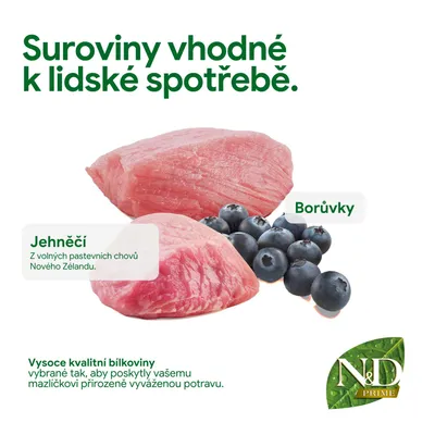 N&D Prime. Prísady vhodné na ľudskú spotrebu: jahňacie mäso z novozélandského pastvinového chovu a čučoriedky. Kvalitné proteíny pre vyváženú výživu zvierat. N&D Prime. Prísady vhodné na ľudskú spotrebu: jahňacie mäso z novozélandského pastvinového chovu a čučoriedky. Kvalitné proteíny pre vyváženú výživu zvierat.
