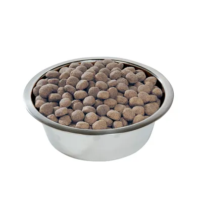 Bowl filled with dry kibble pellets, showing the size and shape of the food pieces.