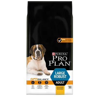 Saco de pienso Purina Pro Plan Large Robust Adult con imagen de perro grande, texto visible: OPTI BALANCE, OPTI NUTRITION, rich in chicken, ADULT, LARGE ROBUST.
