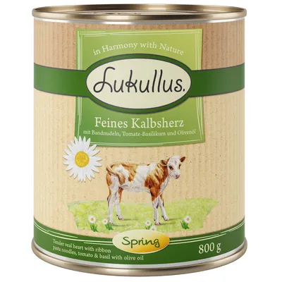 Lukullus Feines Kalbsherz, 800 g. Testo visibile: in Harmony with Nature, mit Bandnudeln, Tomate-Basilikum und Olivenöl, Spring. Immagine di un vitello e margherite sull'etichetta.