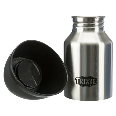 Trixie stainless steel drinking bottle with removable black lid that can be used as a drinking bowl.