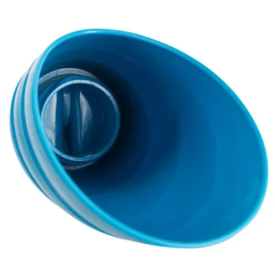 Blue foldable silicone drinking bowl for pets, compact and easy to carry.