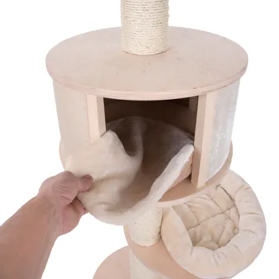 Cat tree made of wood with sisal post, removable soft cushion placed inside the cave.