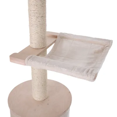 Cat tree with wooden base, sisal-wrapped post and padded hammock made of beige fabric.