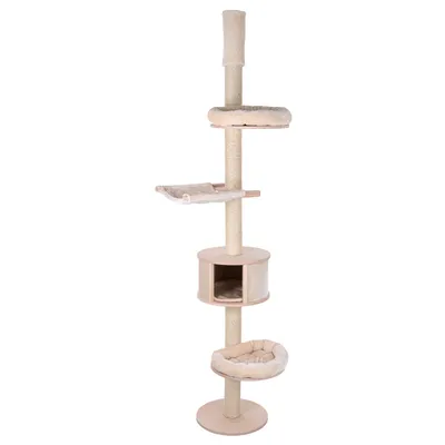 Krabpaal van beige stof en sisal met ronde bodemplaat, drie ligplekken, hangmat en cilindervormig huisje op verschillende hoogtes.