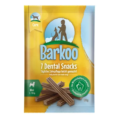 Barkoo 7 Dental Snacks, Mini 5–10 kg, 120 g. Tekst: 'Tägliche Zahnpflege leicht gemacht!', 'Daily dental care made easy!', 'Von Wissenschaftlern entwickelt'.