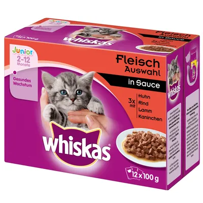 Pachet Whiskas Junior 2–12 Monate, Fleisch Auswahl in Sauce, 12 x 100 g. Vizibil: imagine pisoi, farfurie cu hrană umedă, text în germană despre sortimente: Huhn, Rind, Lamm, Kaninchen.
