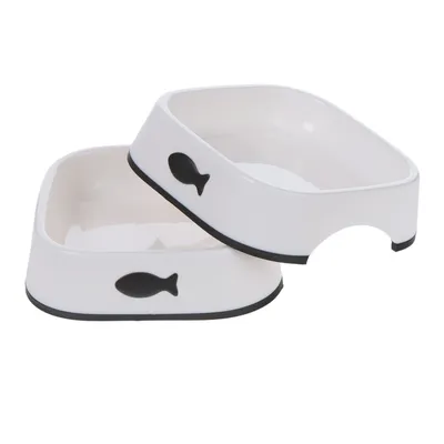 Two white food bowls with black fish motif, one elevated with cut-out for easy feeding.